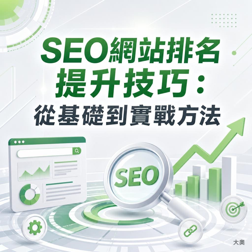 SEO網站排名提升技巧：從基礎到實戰方法示意圖