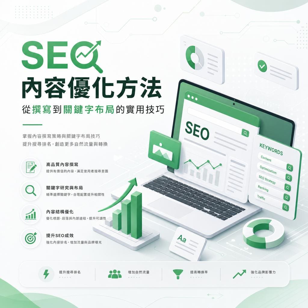 Green-toned SEO content optimization infographic featuring a laptop displaying 'SEO', charts, icons, and Chinese headings describing techniques and benefits.