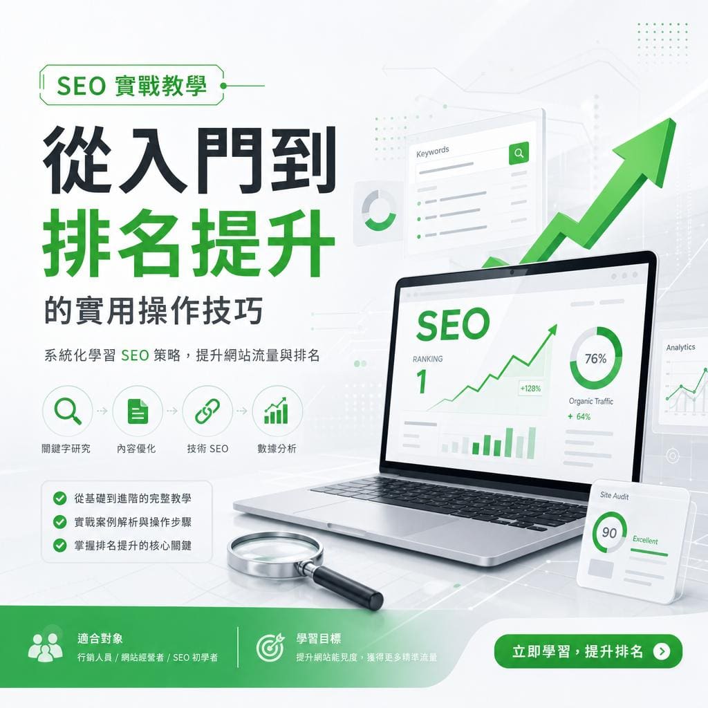 SEO promotional banner with a laptop showing rising green charts and a large Chinese headline about improving rankings and practical techniques in Chinese text