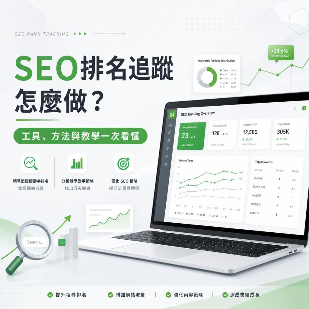 Promotional image showing SEO ranking tracking with a laptop dashboard and green analytics icons; Chinese text promotes tools and methods for SEO.