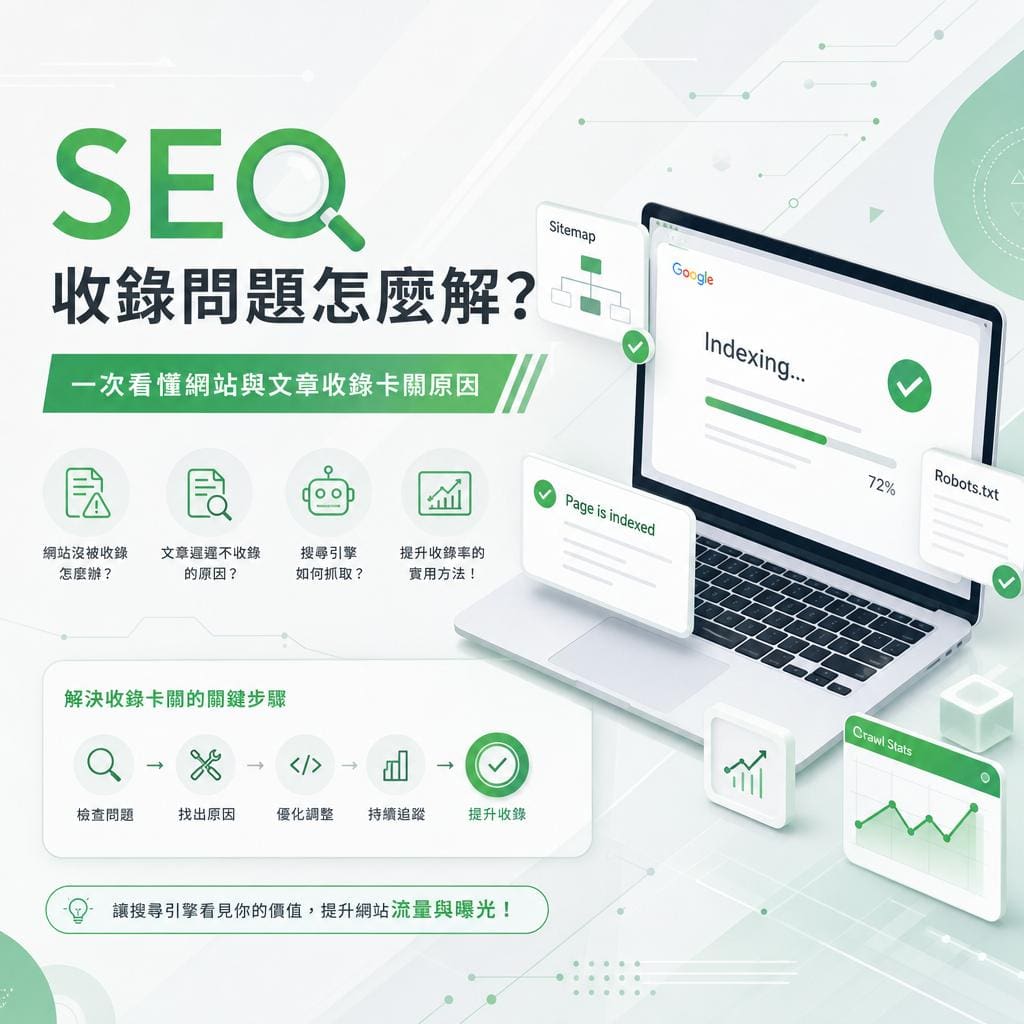 綜合性SEO infographic：展示如何解決網站被收錄的問題與提升索引率的步驟與要點。質量頁面指引與圖示說明。